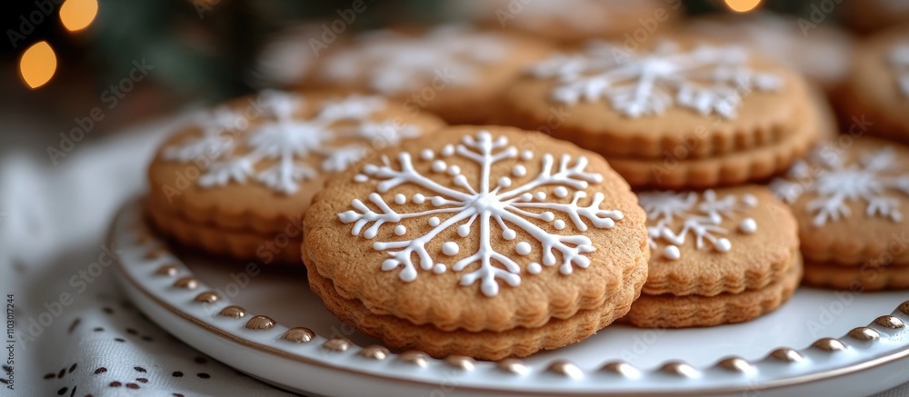 Traditional decorated gingerbread cookies in snowflake and star shapes arranged on a white plate with a festive dotted tablecloth backdrop Traditional decorated gingerbread cookies in snowflake and star shapes arranged on a white plate with a festive dotted tablecloth backdrop
