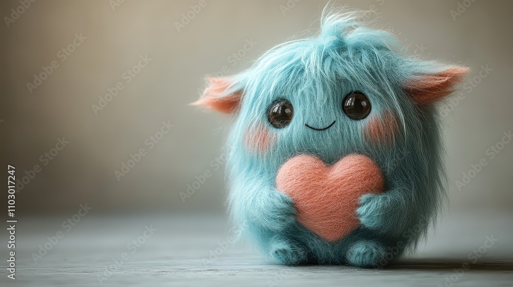 Fototapeta premium Illustration of a Small Cute Fantasy Creature Made of Wool Holding a Love Heart