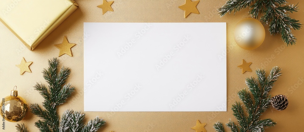 Elegant festive arrangement with a blank card surrounded by gold decorations and evergreen branches on a shimmering gold background Elegant festive arrangement with a blank card surrounded by gold decorations and evergreen branches on a shimmering gold background
