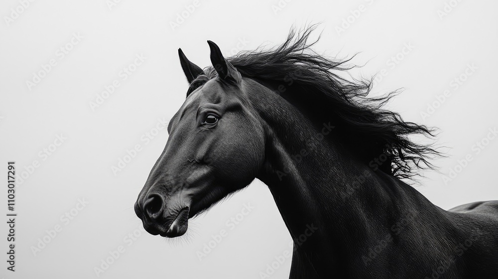 Majestic black horse in mid-motion with flowing mane against a soft, pale backdrop, showcasing strength and grace in a stunning profile. Majestic black horse in mid-motion with flowing mane against a soft, pale backdrop, showcasing strength and grace in a stunning profile.