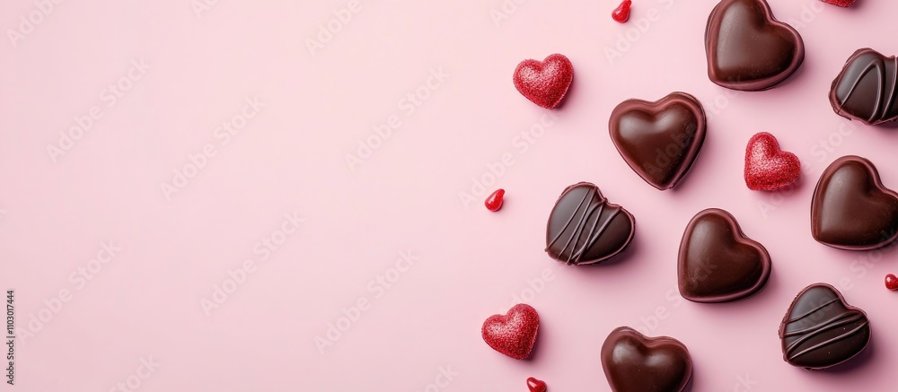 Valentine's Day concept with chocolate hearts and candies on a soft pink backdrop for romantic celebrations and sweet gift ideas. Valentine's Day concept with chocolate hearts and candies on a soft pink backdrop for romantic celebrations and sweet gift ideas.