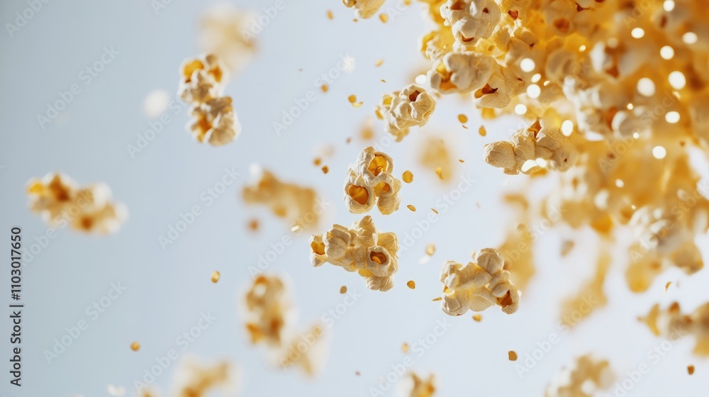 Popcorn pieces cascading through the air, captured mid-fall against a smooth white background, creating a dynamic and playful scene. Popcorn pieces cascading through the air, captured mid-fall against a smooth white background, creating a dynamic and playful scene.