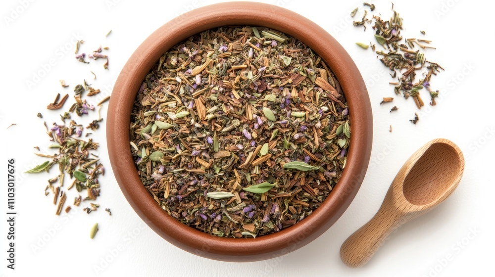 Aerial view of a ceramic bowl brimming with loose rooibos tea blend featuring lavender, complemented by a wooden scoop on a clean white background.