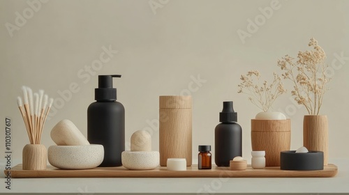 Flat lay arrangement of spa wellness products including wooden and black containers, essential oils, and decorative botanicals on a neutral backdrop