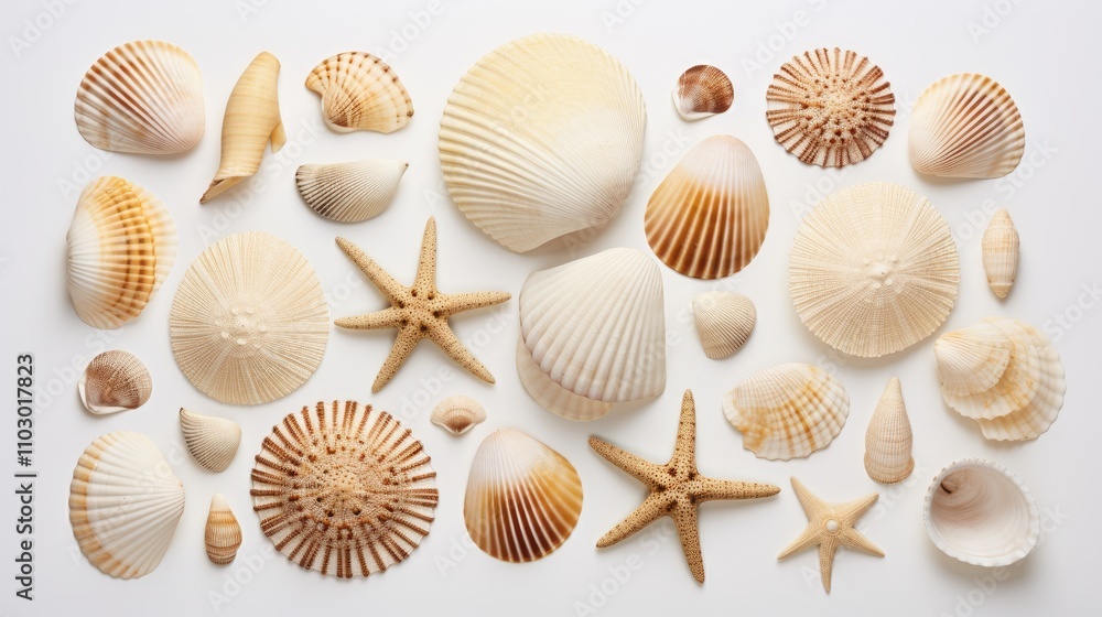 Various seashells and starfish arranged artistically on a clean white background for marine-themed designs and projects. Various seashells and starfish arranged artistically on a clean white background for marine-themed designs and projects.