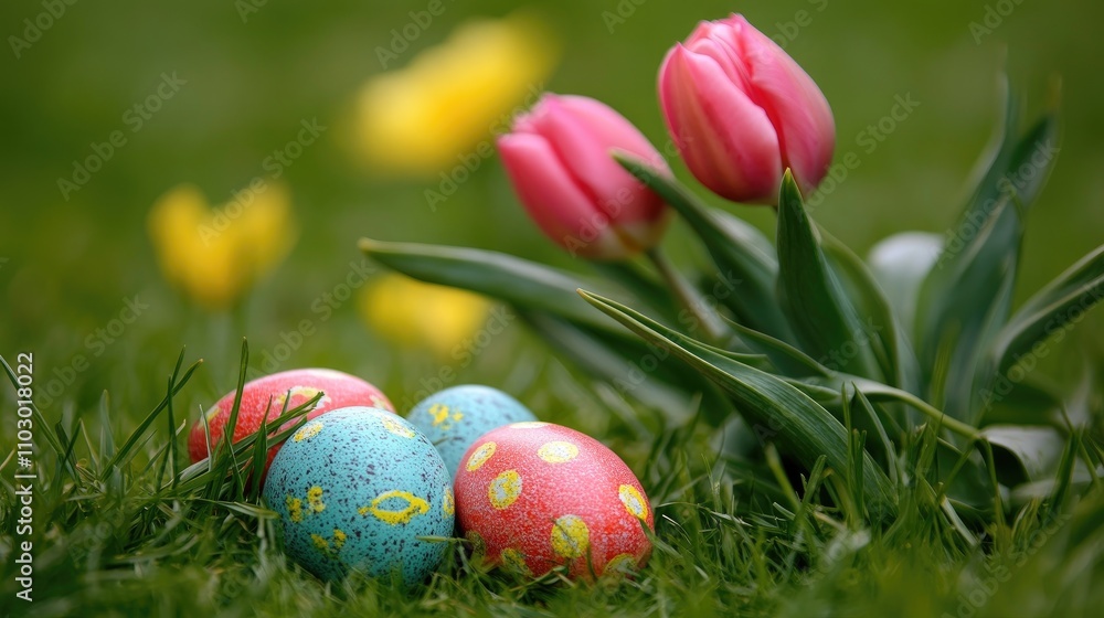 Vibrant Easter eggs in various colors nestled in lush green grass with a delicate bouquet of pink tulips alongside them. Vibrant Easter eggs in various colors nestled in lush green grass with a delicate bouquet of pink tulips alongside them.