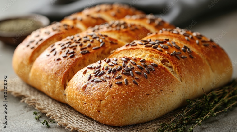 Freshly baked bread topped with sunflower seeds and caraway on a rustic surface with herbs showcasing a wholesome culinary delight Freshly baked bread topped with sunflower seeds and caraway on a rustic surface with herbs showcasing a wholesome culinary delight