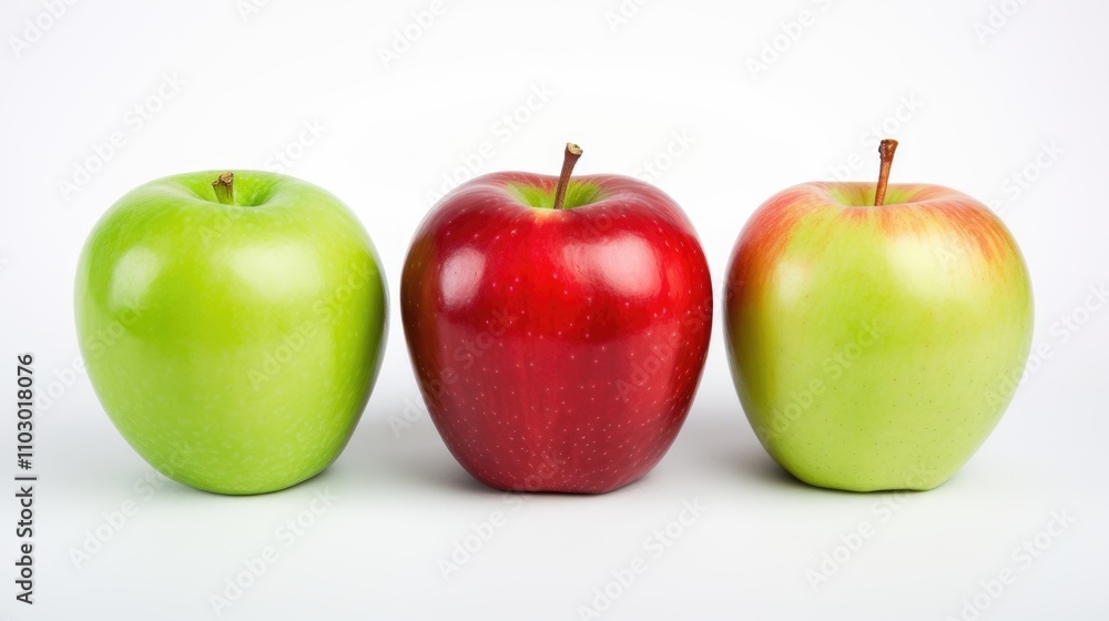 Vibrant trio of red and green crisp apples arranged on a clean white background showcasing freshness and natural appeal Vibrant trio of red and green crisp apples arranged on a clean white background showcasing freshness and natural appeal