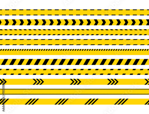 Seamless striped boundary lines. Do not cross police road sign. Set of caution crime scene bands. Yellow black tape. Warning barrier ribbons for danger places. Vector illustration.