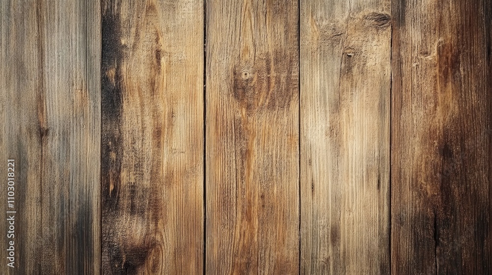 Naklejka premium Detailed close-up of weathered wooden planks showcasing intricate knots and rich grain textures in varying shades of brown and beige.