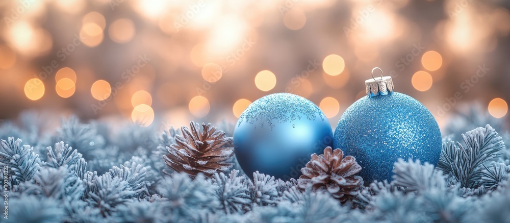 Elegant blue Christmas background adorned with shimmering silver ornaments and pinecones amidst a serene winter landscape Elegant blue Christmas background adorned with shimmering silver ornaments and pinecones amidst a serene winter landscape