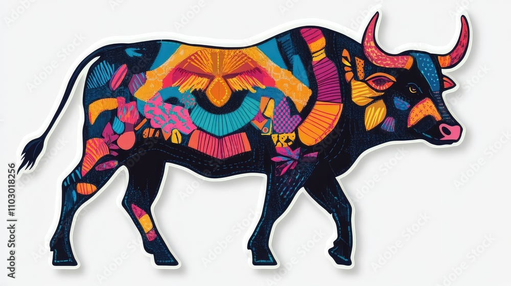 Obraz premium Bull Patch Sticker with Stitched Patchwork Icon on Transparent PNG Background