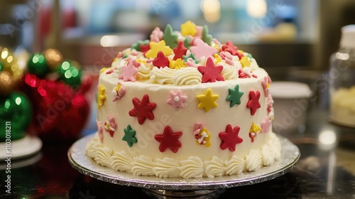 Wallpaper Mural Colorful birthday cake decorated with vibrant icing and playful star-shaped decorations, evoking a festive holiday spirit. Torontodigital.ca