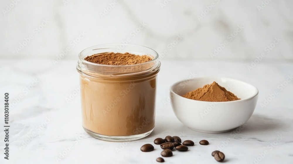 Instant coffee powder in a glass jar with a white bowl of powder beside it, perfect for making creamy Dalgona coffee at home. Instant coffee powder in a glass jar with a white bowl of powder beside it, perfect for making creamy Dalgona coffee at home.