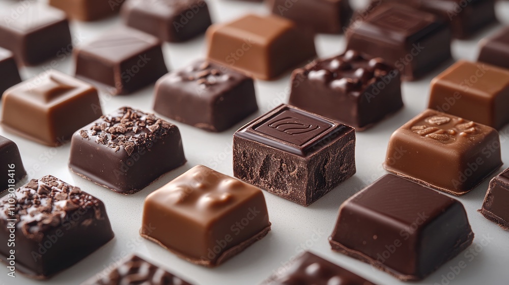 Variety of milk chocolate cubes artfully arranged on a white background showcasing texture and richness of gourmet confectionery delights Variety of milk chocolate cubes artfully arranged on a white background showcasing texture and richness of gourmet confectionery delights