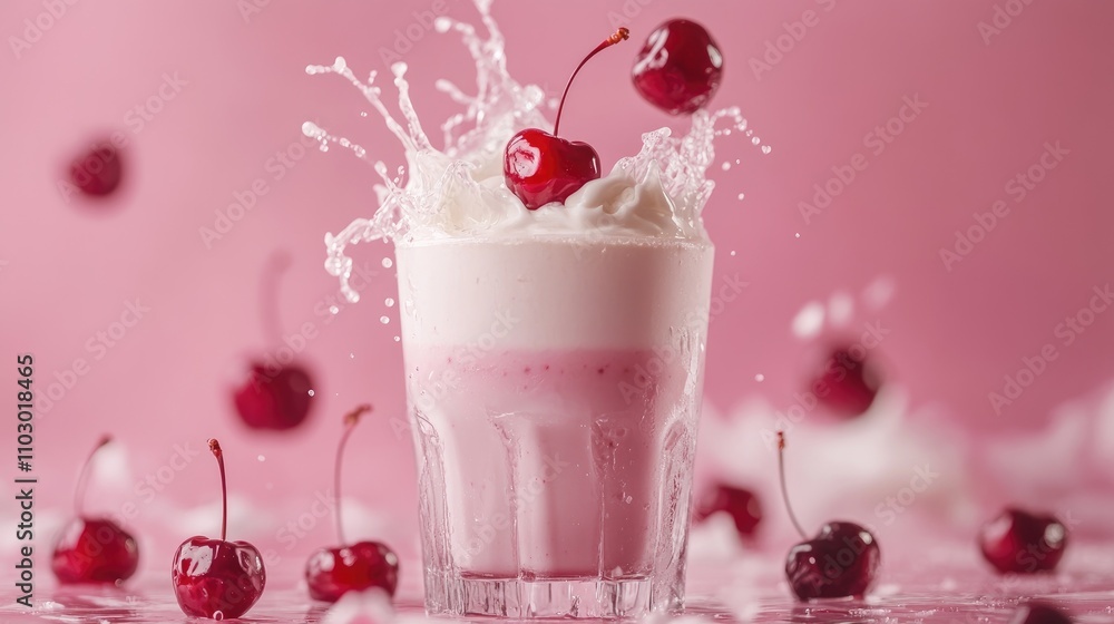 Creamy milkshake with a splash of milk and cherries surrounded by vibrant pink backdrop, evoking sweet dessert vibes and refreshment.