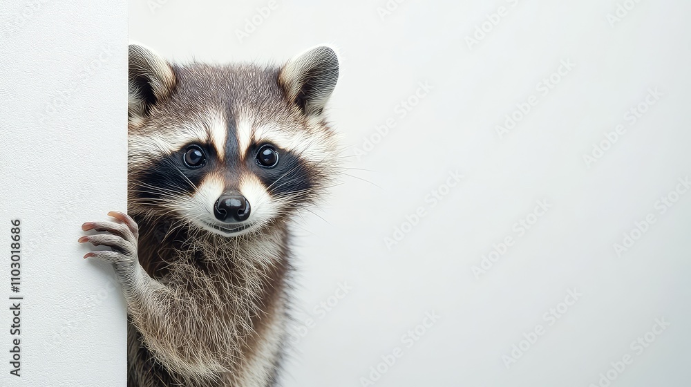 Image of a Curious Raccoon Peeking from Behind a White Wall During Daytime in a Domestic Setting Image of a Curious Raccoon Peeking from Behind a White Wall During Daytime in a Domestic Setting