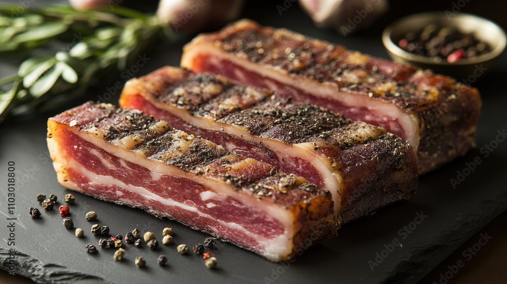 Pan-seared Italian pancetta bacon slices with herbs and seasonings on a rustic surface showcasing rich flavors and textures Pan-seared Italian pancetta bacon slices with herbs and seasonings on a rustic surface showcasing rich flavors and textures