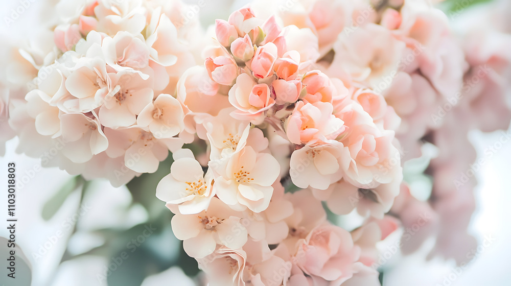 Close-up of delicate, light pink flowers in full bloom. Soft, pastel colors and a blurred background create a dreamy, romantic atmosphere. Perfect for spring or wedding themes. Close-up of delicate, light pink flowers in full bloom. Soft, pastel colors and a blurred background create a dreamy, romantic atmosphere. Perfect for spring or wedding themes.