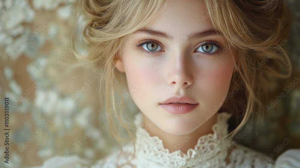 Elegant portrait of a young girl with delicate features and soft gaze set against a vintage floral background in warm tones. Elegant portrait of a young girl with delicate features and soft gaze set against a vintage floral background in warm tones.
