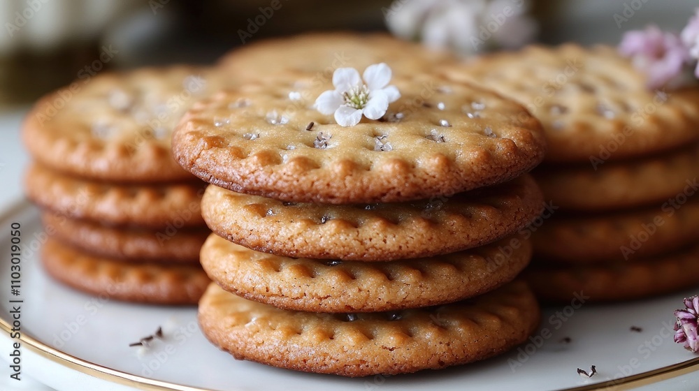 Homemade cookies stacked on a plate with delicate flowers on top isolated on a white background closeup view Homemade cookies stacked on a plate with delicate flowers on top isolated on a white background closeup view