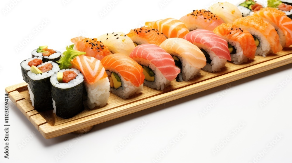 Sushi platter featuring an array of colorful rolls and sashimi presented on a wooden tray isolated on a clean white background Sushi platter featuring an array of colorful rolls and sashimi presented on a wooden tray isolated on a clean white background
