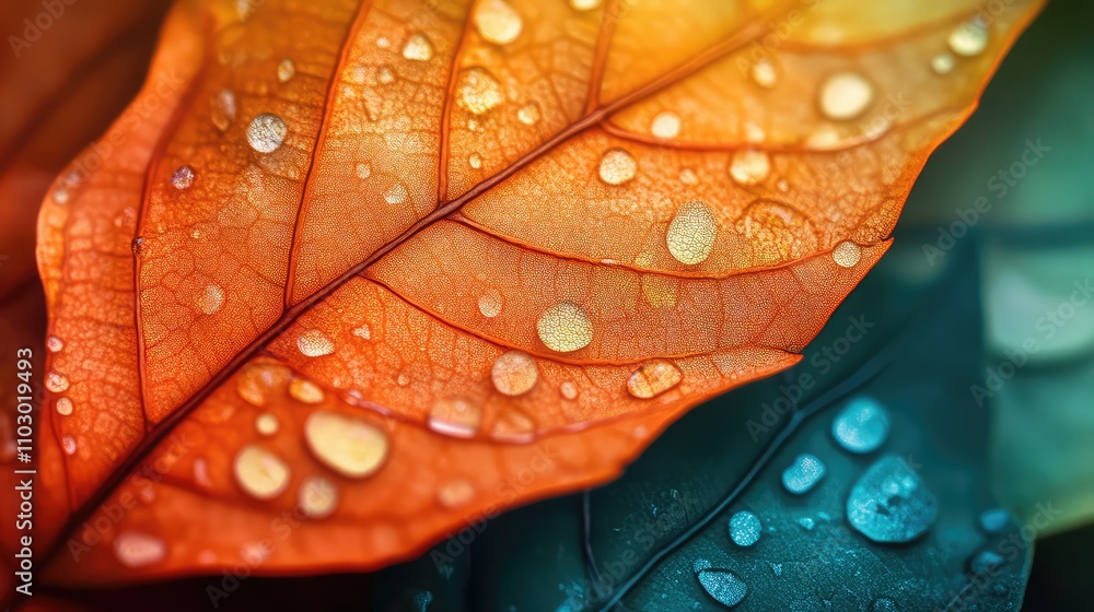 Fototapeta premium Macro Photography of Flowing Abstract Orange and Teal Leaf Patterns