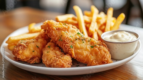 Wallpaper Mural Crispy fried chicken breast and tenders on a plate with golden fries and creamy mayo, showcasing a delicious dining experience. Torontodigital.ca