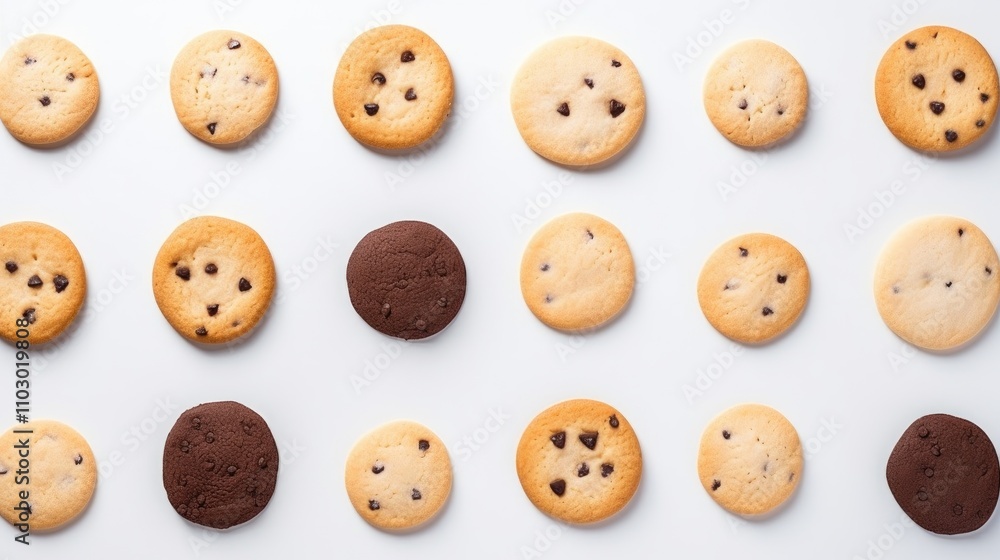 Assorted oatmeal sugar and chocolate chip cookies arranged on a white background with a top view perspective. Assorted oatmeal sugar and chocolate chip cookies arranged on a white background with a top view perspective.