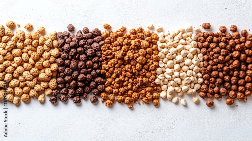 Variety of Peanuts in Different Colors and Textures Arranged Neatly on White Background Close Up Shot Variety of Peanuts in Different Colors and Textures Arranged Neatly on White Background Close Up Shot