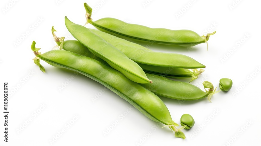 Fresh green peas arranged on a clean white background highlighting their vibrant color and natural texture for culinary and food photography. Fresh green peas arranged on a clean white background highlighting their vibrant color and natural texture for culinary and food photography.
