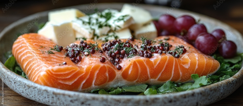 Delicious pink salmon fillet with fine French cheeses and fresh grapes on a stylish green salad plate Delicious pink salmon fillet with fine French cheeses and fresh grapes on a stylish green salad plate