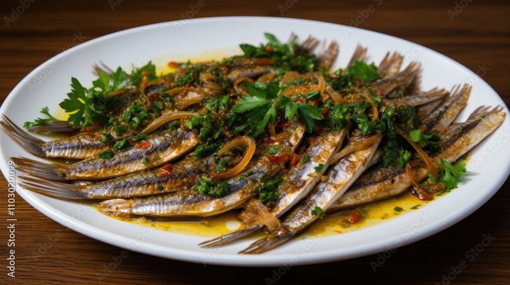 Sautéed anchovies garnished with fresh herbs and spices on a white plate served in a rustic setting Sautéed anchovies garnished with fresh herbs and spices on a white plate served in a rustic setting