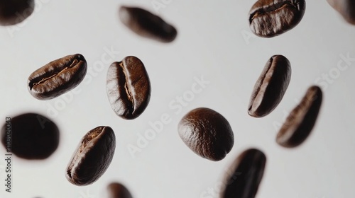 Flying coffee beans against a clean white background showcasing freshness and movement in food photography. photo