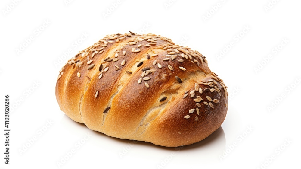 Sunflower seed bread loaf showcasing a golden crust and topped with seeds isolated on a clean white background for bakery or food concepts Sunflower seed bread loaf showcasing a golden crust and topped with seeds isolated on a clean white background for bakery or food concepts