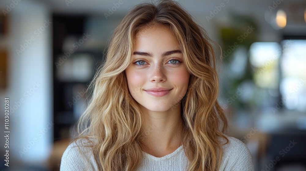 Young businesswoman smiling while using a laptop for online education and webinars in a modern workspace setting with soft lighting. Young businesswoman smiling while using a laptop for online education and webinars in a modern workspace setting with soft lighting.