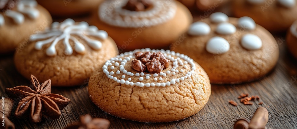 Gingerbread cookies decorated with icing and nuts on a wooden surface surrounded by spices and sweet treats