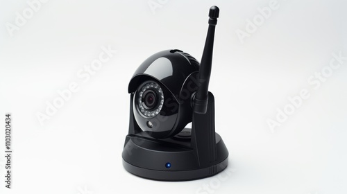 Wireless home security camera for monitoring and surveillance with a sleek design against a neutral background ideal for security system ads photo