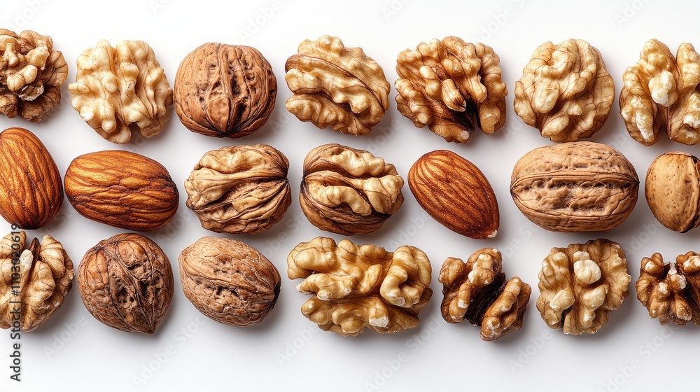 Variety of nuts including walnuts almonds and hazelnuts arranged on a white background for healthy food concept or nutritional snack display Variety of nuts including walnuts almonds and hazelnuts arranged on a white background for healthy food concept or nutritional snack display