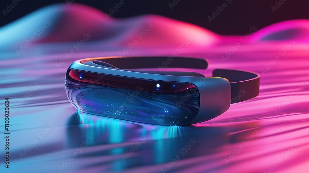 Futuristic silver VR headset rests on a vibrant, neon-lit surface. Futuristic silver VR headset rests on a vibrant, neon-lit surface.