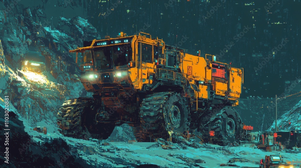 Intricate and Massive Mining Vehicle in a Futuristic City Landscape at Night with Glowing Lights and Snow-Covered Terrain, Enigmatic Atmosphere and Detailed Design Elements Intricate and Massive Mining Vehicle in a Futuristic City Landscape at Night with Glowing Lights and Snow-Covered Terrain, Enigmatic Atmosphere and Detailed Design Elements