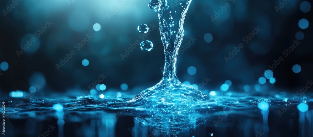 Water quality assessment with droplets and blue bokeh effect representing environmental monitoring and aquatic health Water quality assessment with droplets and blue bokeh effect representing environmental monitoring and aquatic health