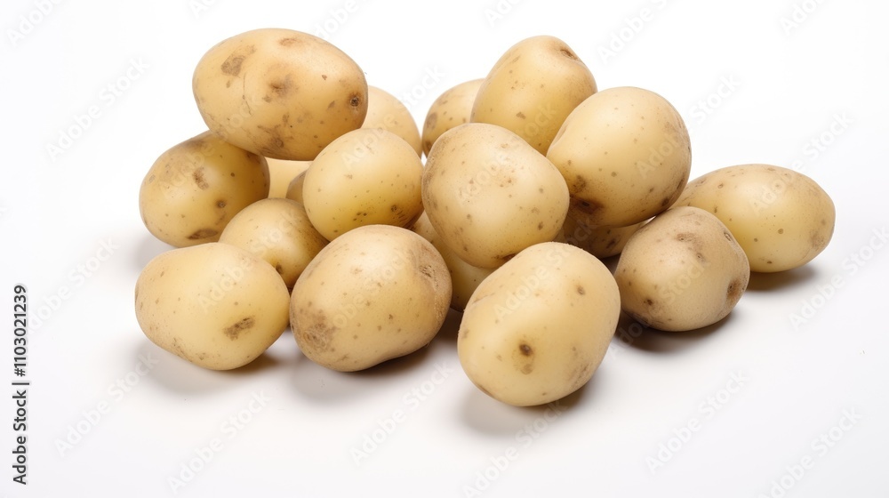 Freshly harvested dirty white potatoes arranged on a clean white background showcasing their natural earthy texture and organic appeal. Freshly harvested dirty white potatoes arranged on a clean white background showcasing their natural earthy texture and organic appeal.