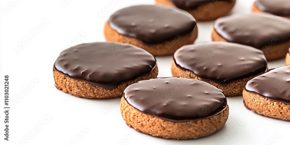 Chocolate dipped biscuits isolated against a white backdrop, showcasing the delicious contrast of textures in these chocolate biscuits, ideal for dessert lovers and snack enthusiasts. Chocolate dipped biscuits isolated against a white backdrop, showcasing the delicious contrast of textures in these chocolate biscuits, ideal for dessert lovers and snack enthusiasts.