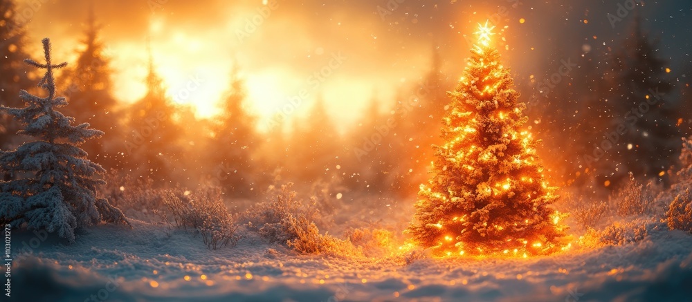 Christmas tree glowing with warm lights in a snowy landscape during sunset with a tranquil winter ambiance Christmas tree glowing with warm lights in a snowy landscape during sunset with a tranquil winter ambiance