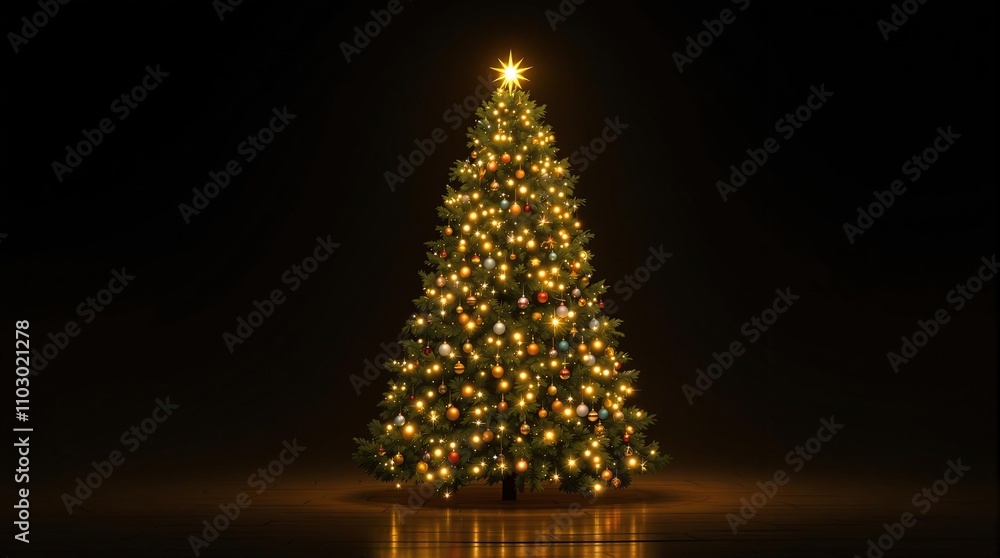 Golden light illuminates a stunning Christmas tree against a dark and moody background, dark room, winter wonderland Golden light illuminates a stunning Christmas tree against a dark and moody background, dark room, winter wonderland