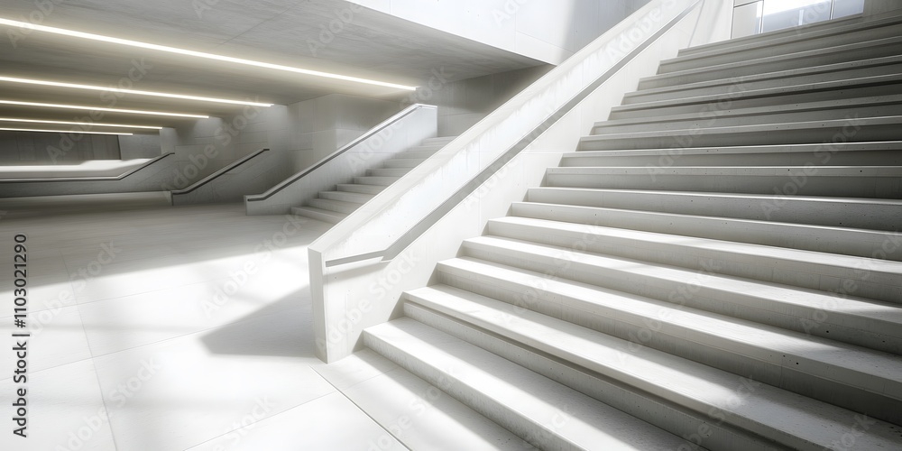 Obraz premium Modern interior featuring sleek staircases and minimalist design elements.