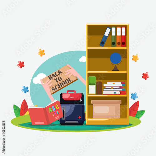 Bright and engaging vector illustration themed around 'Back to School,' featuring school supplies, books, backpacks, and educational elements. Perfect for promotional materials, classroom decorations,