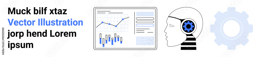Data charts, human profile with gear brain, and gear icon evoke themes of data analysis, artificial intelligence, technology, analytics, business intelligence, and innovation. Ideal for tech, AI Data charts, human profile with gear brain, and gear icon evoke themes of data analysis, artificial intelligence, technology, analytics, business intelligence, and innovation. Ideal for tech, AI