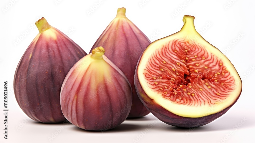 Fresh figs with one half sliced open showcasing seeds and texture isolated on a clean white background ideal for food and health themes. Fresh figs with one half sliced open showcasing seeds and texture isolated on a clean white background ideal for food and health themes.